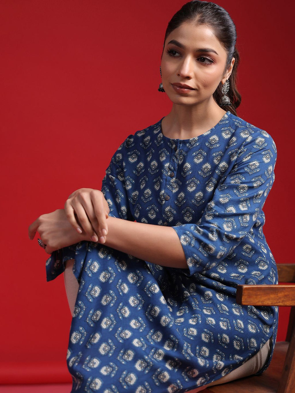 Indo Era Women Geometric Printed Thread Work Kurta