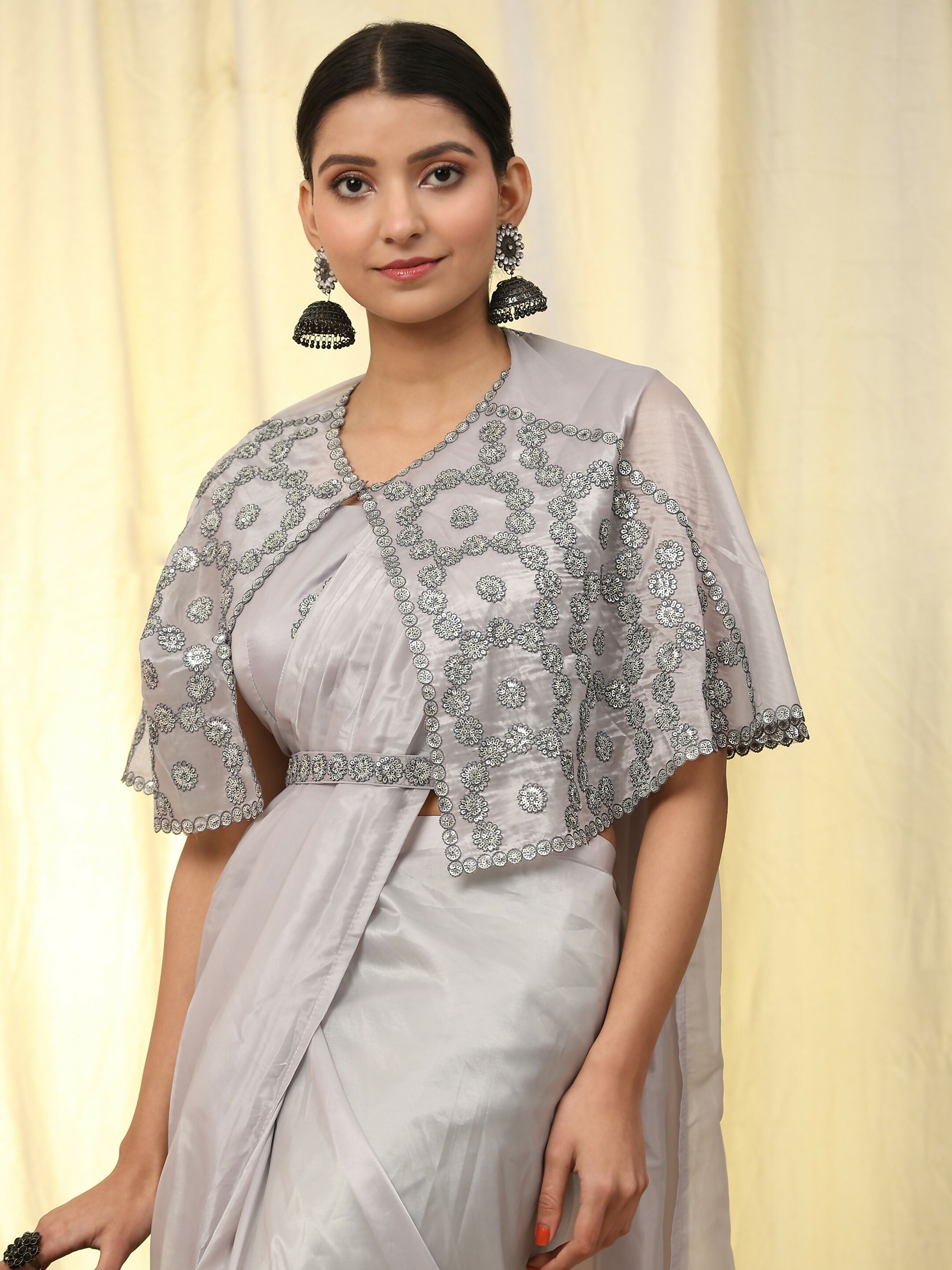 Grey Satin Solid Ready to wear Saree with stitched Blouse - Vanita