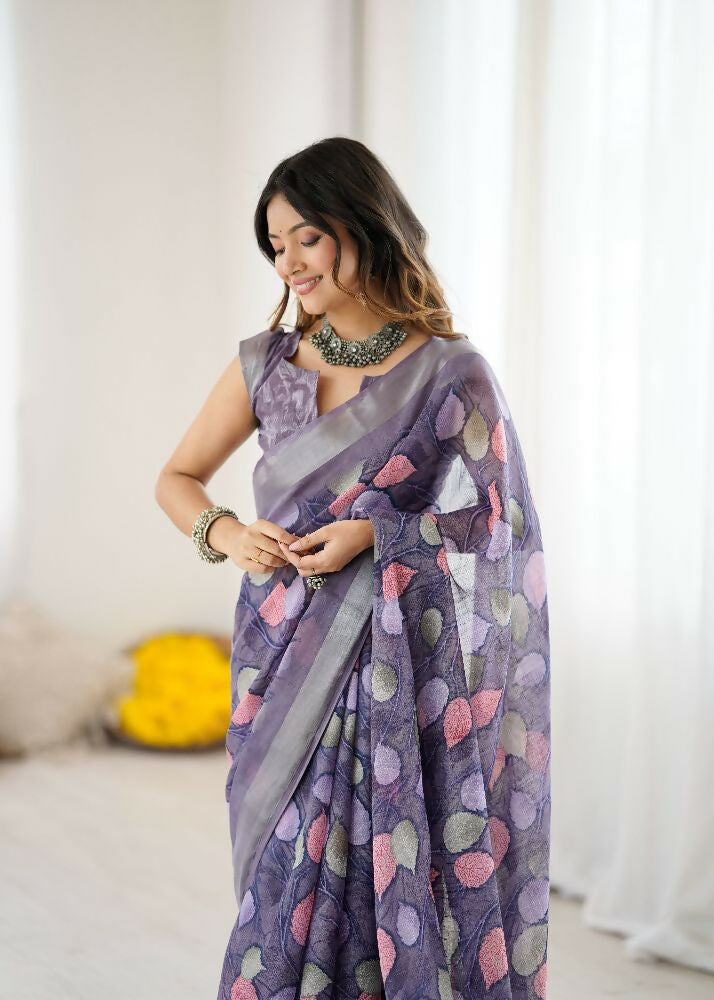 PR Fashion Lavender Linen Patta Printed Saree