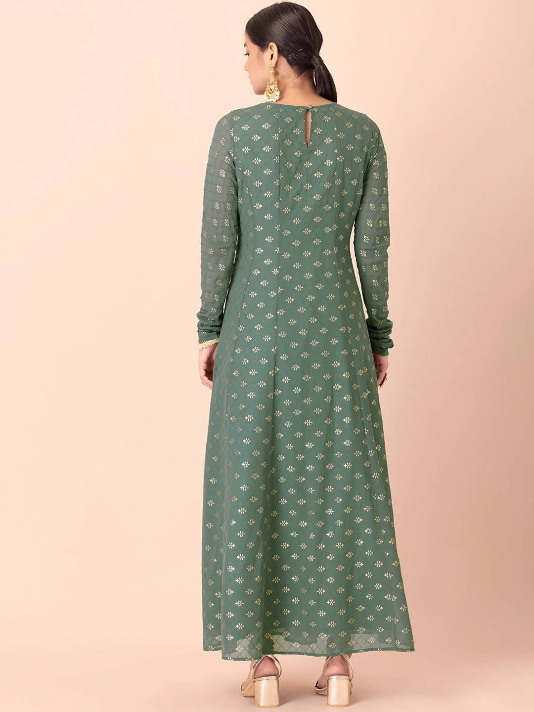 Indya Green & Gold-Toned Ethnic Motifs Printed Georgette Anarkali Kurta