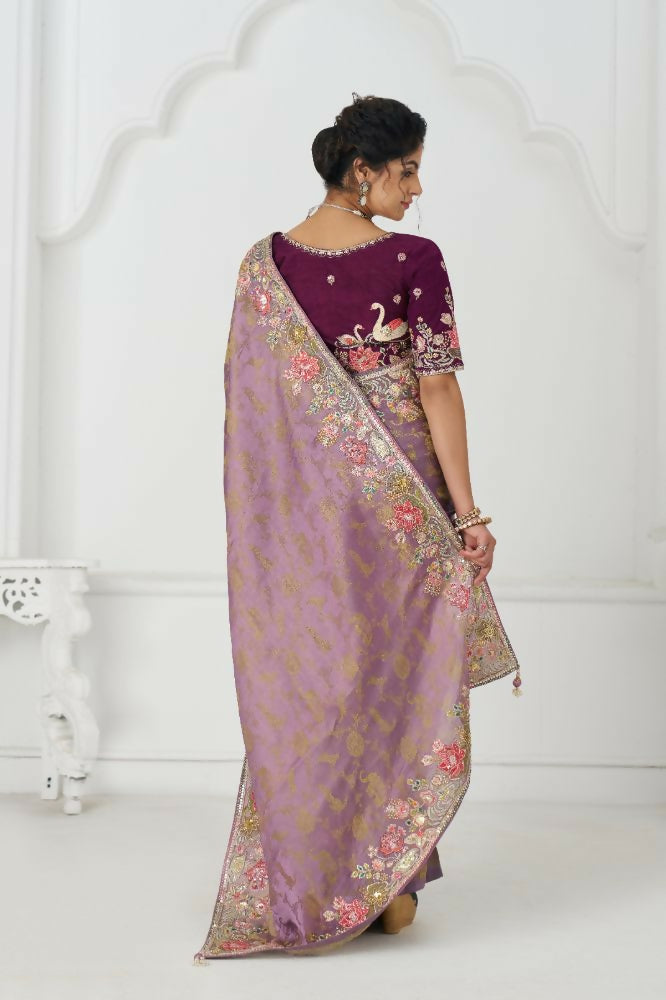Kesar Fab Bloom In Style: Mauve With Vibrant Thread Work & Floral Motifs Saree