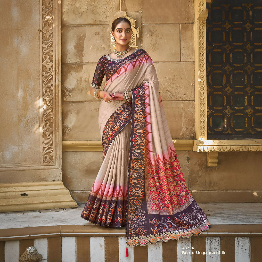 Beige Bhagalpuri Silk Pure Gota Work Saree With Unstitched Blouse - Norita Gajri