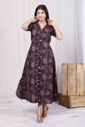 Miravan Women's Wine Mandarin Neck Floral Printed A-Line Party wear Maxi Dress