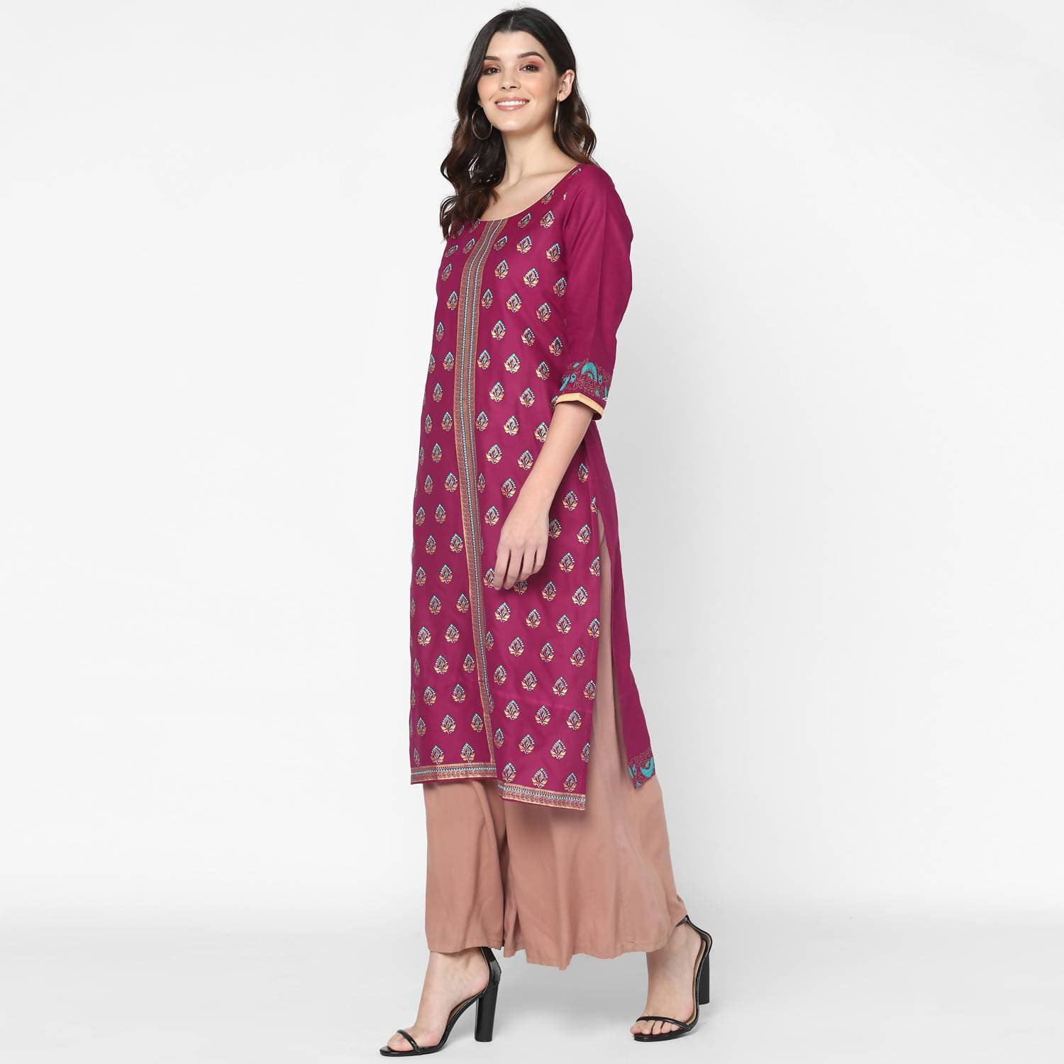 Cheera Hand Block Print Purple & Skin Color Straight Kurta With Palazzo (MAAI-075K)
