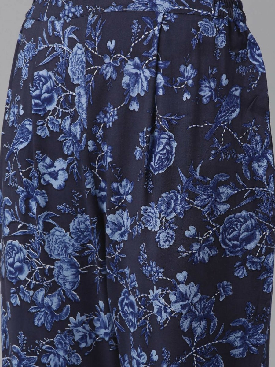 Ahalyaa Women Navy Blue Rayon Wax Printed Angrakha Gotta Patti Tunic With Trousers