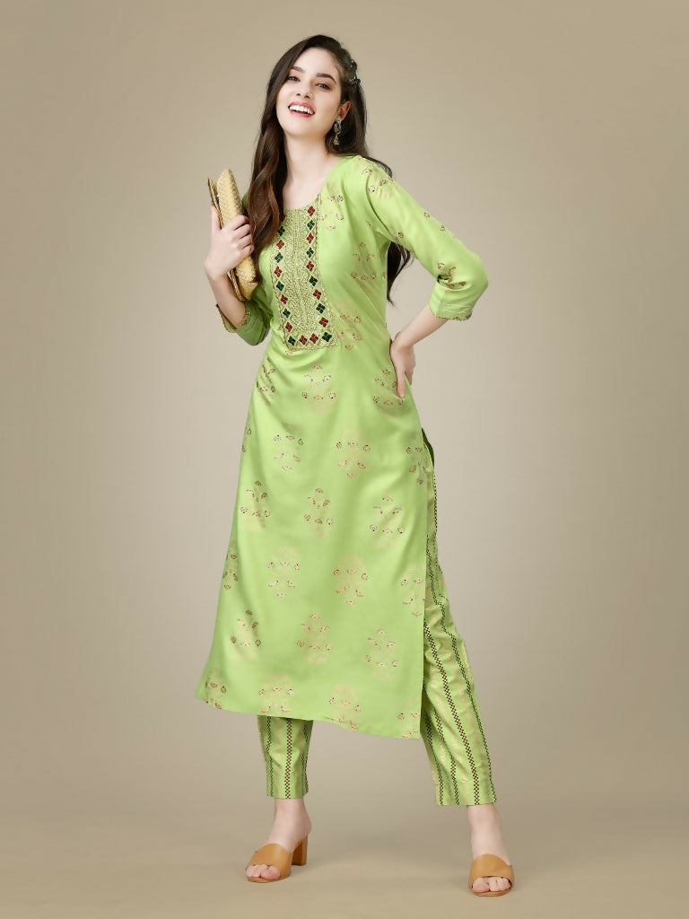 Jyoti Fashion Women's Light Green Rayon Embroidered Kurta Pant Set
