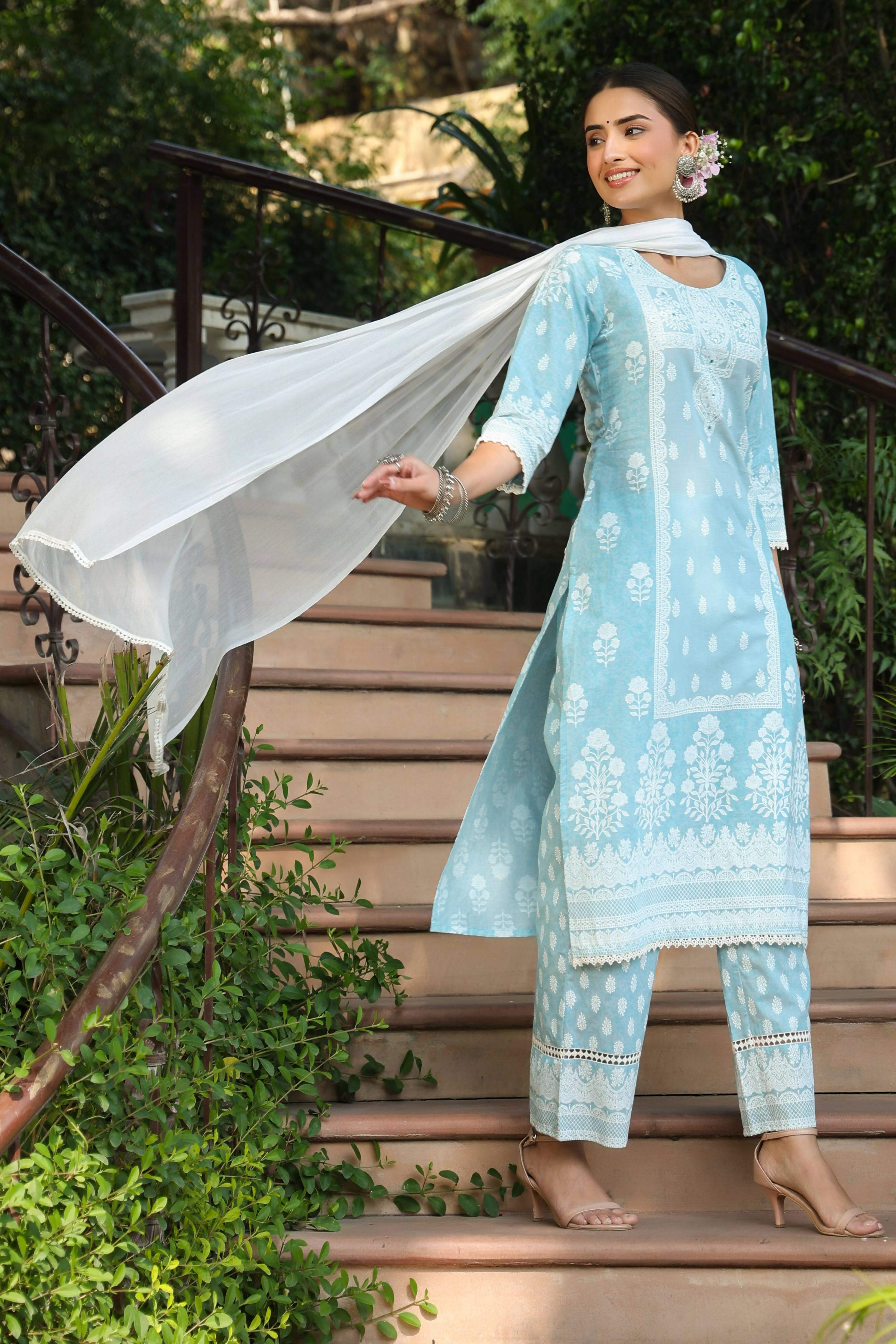 Juniper Women's Skyblue Printed Straight Kurta Sets
