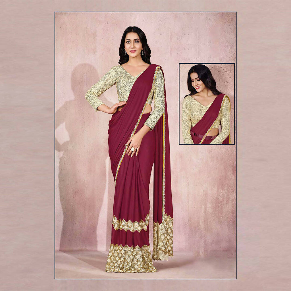 Maroon Lycra Embroidery Designer Saree With Blouse - Mohmanthan Sitaarah