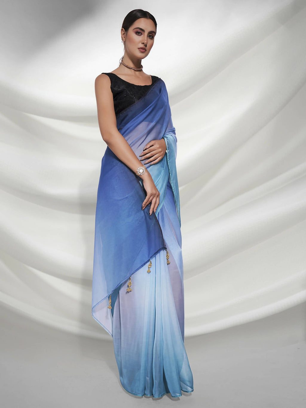 Blue Organza Solid Saree With Unstitched Blouse Piece - Shanaya