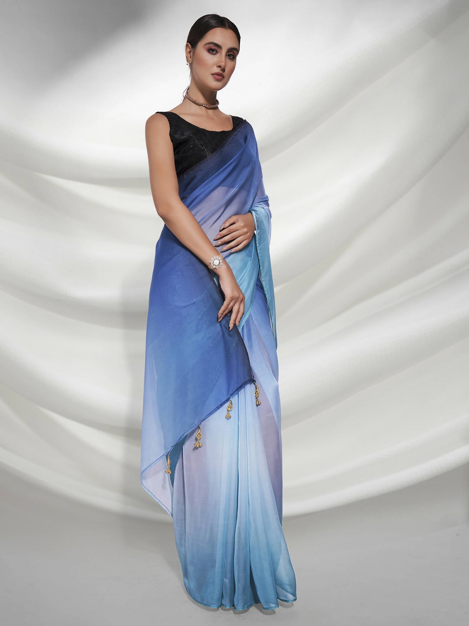 Blue Organza Solid Saree With Unstitched Blouse Piece - Shanaya