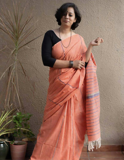 Exclusive Collection Khadi Cotton Handloom Khesh Saree With Blouse Piece - Light Orange