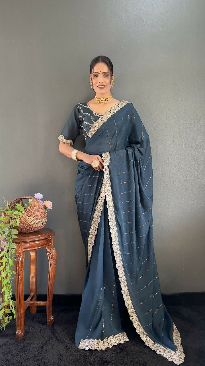 Vastranavya Sea Blue Georgette Silk Swarovski & Heavy Lace Work Ready to Wear Saree