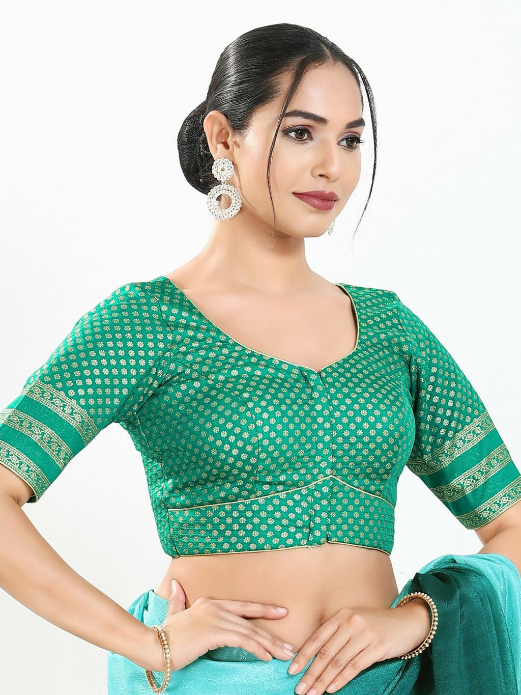 Joban Fashion Rama Green Brocade Padded Blouse With Round Neck Elbow Sleeves