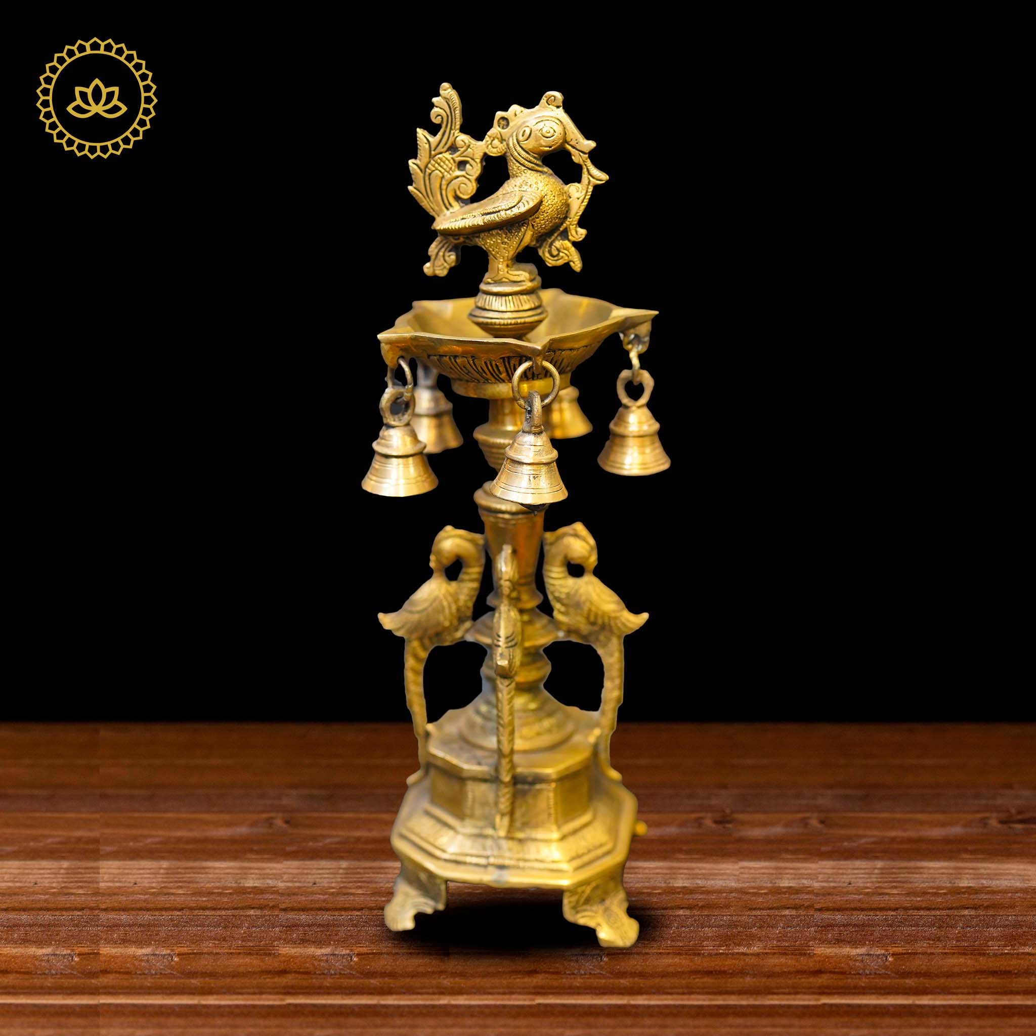 Brass Peacock Diya with Five Oil Wicks and Bells