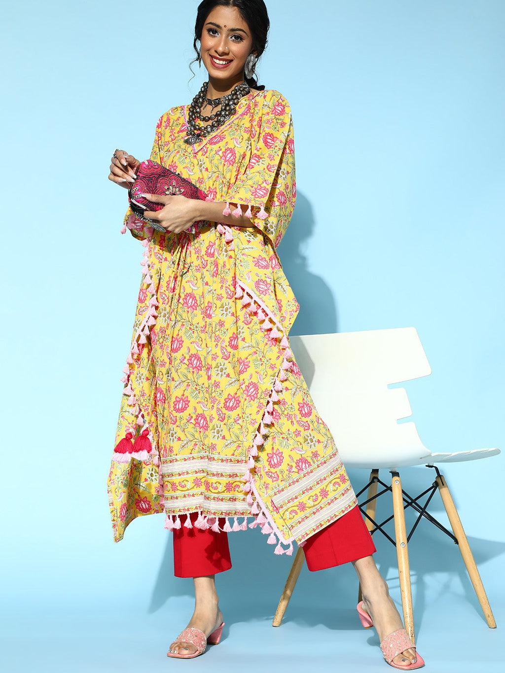 Yufta Bright Yellow Printed Kaftan Kurta