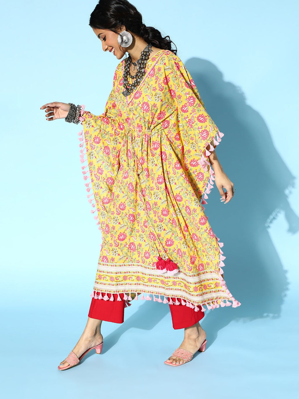 Yufta Bright Yellow Printed Kaftan Kurta