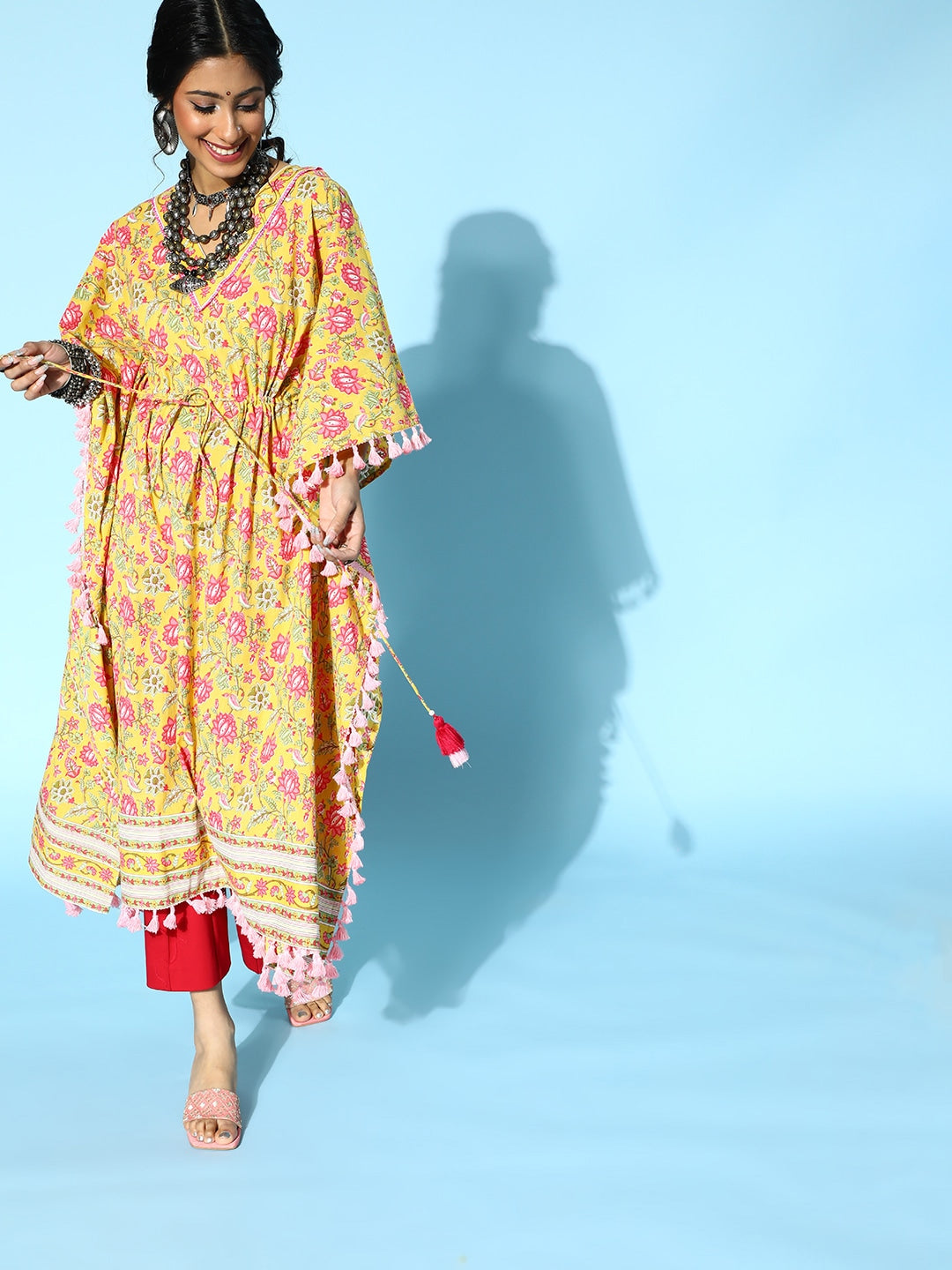 Yufta Bright Yellow Printed Kaftan Kurta