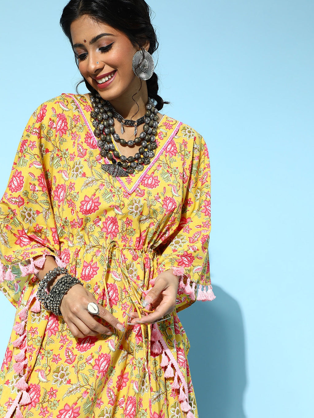 Yufta Bright Yellow Printed Kaftan Kurta