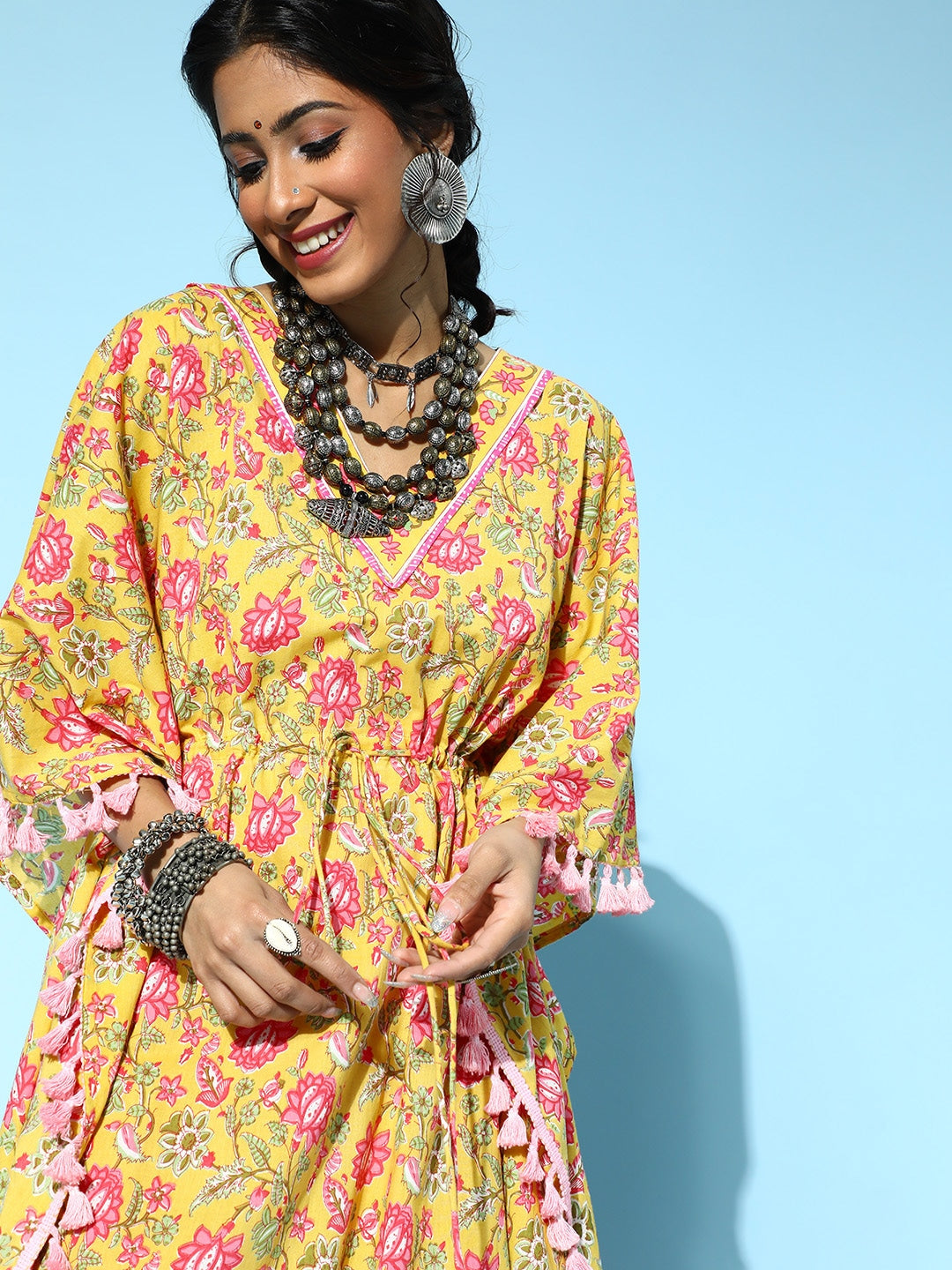 Yufta Bright Yellow Printed Kaftan Kurta