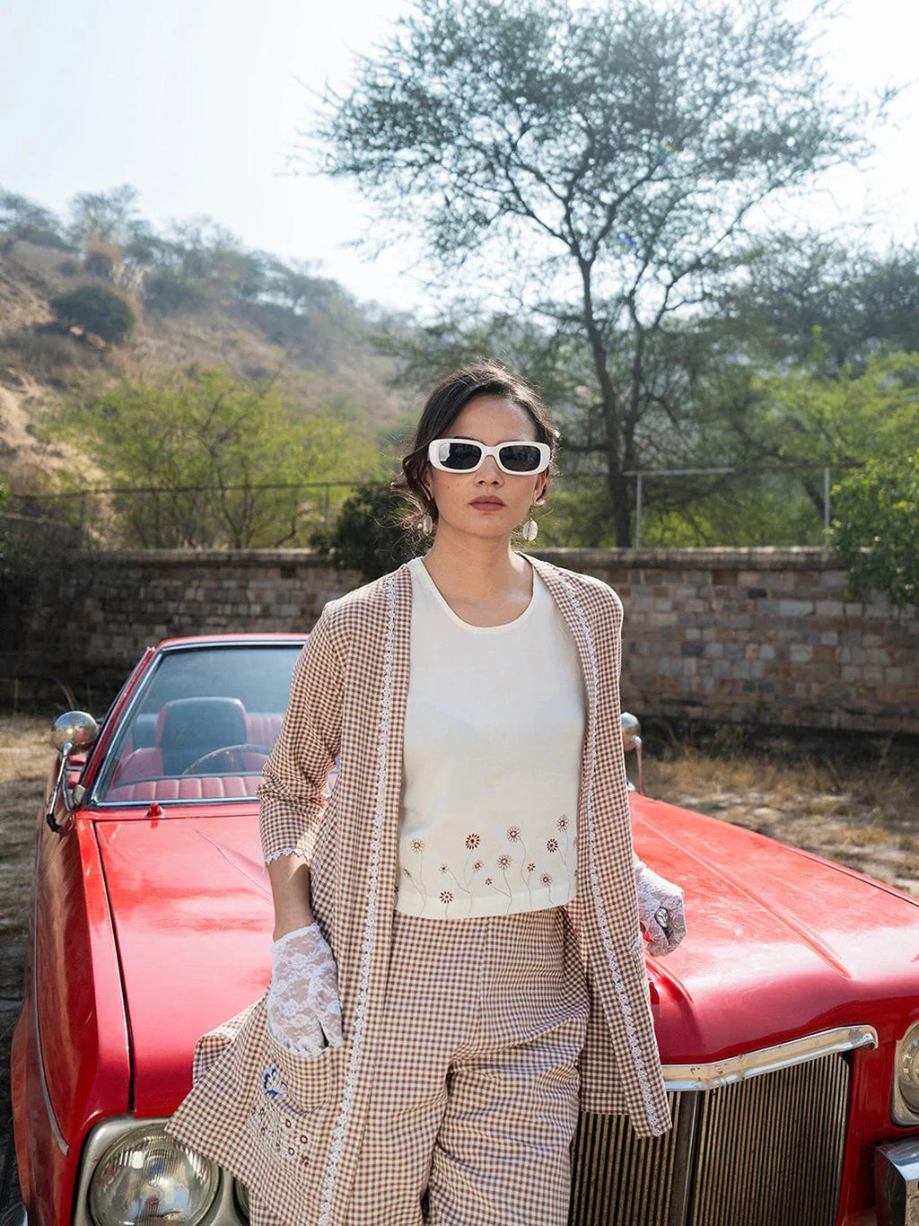 Yufta Brown Cotton Checks Print Co Ord Set With Embroidery