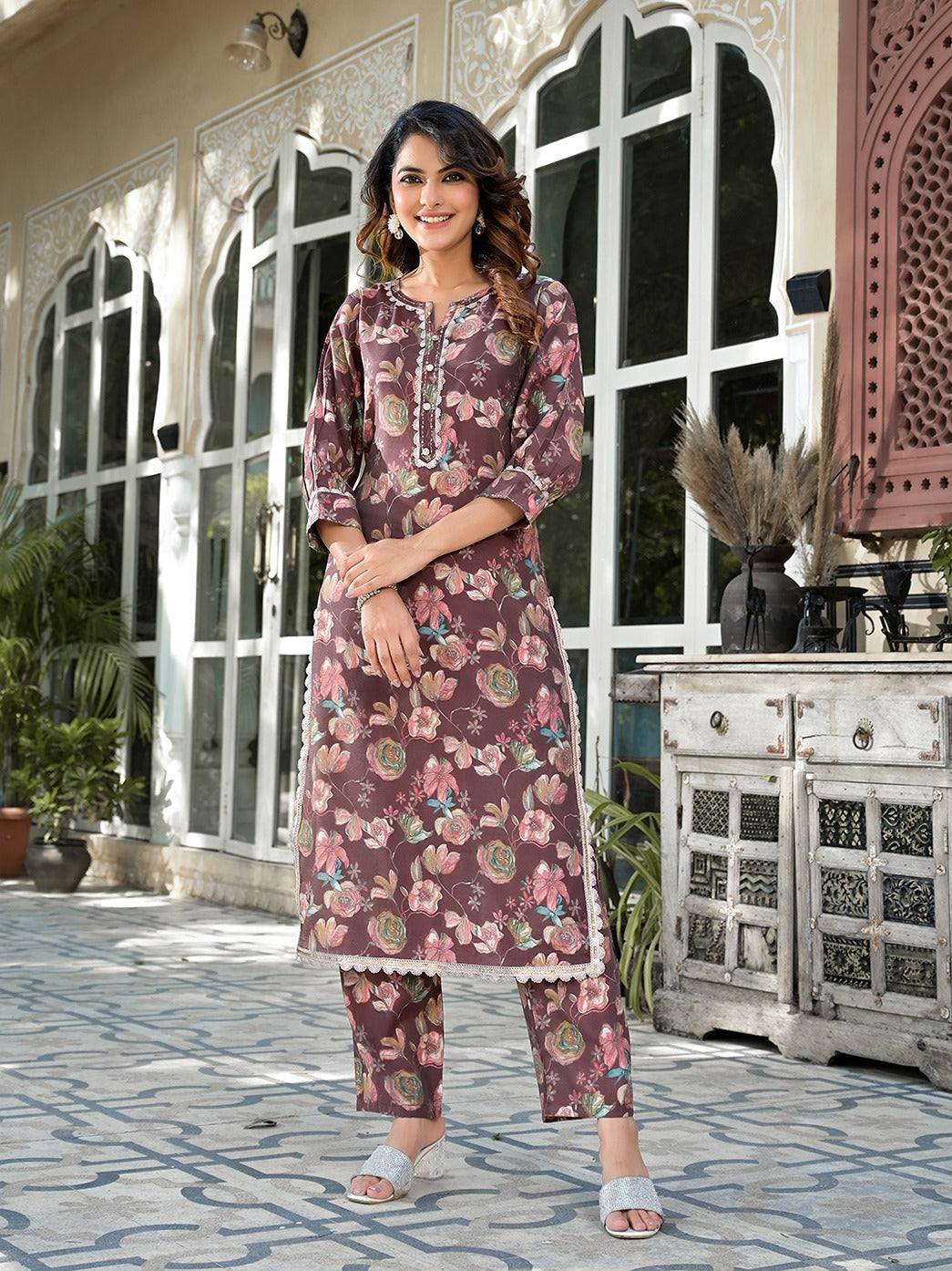 Yufta Brown Floral Print,Patch_Work Straight Kurta Trouser Set