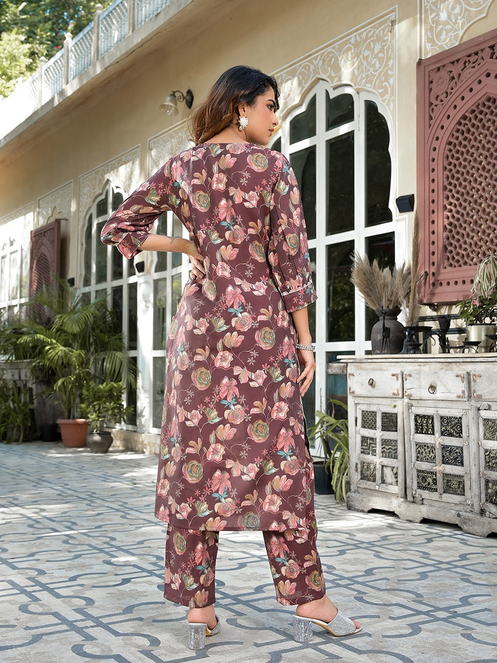 Yufta Brown Floral Print,Patch_Work Straight Kurta Trouser Set