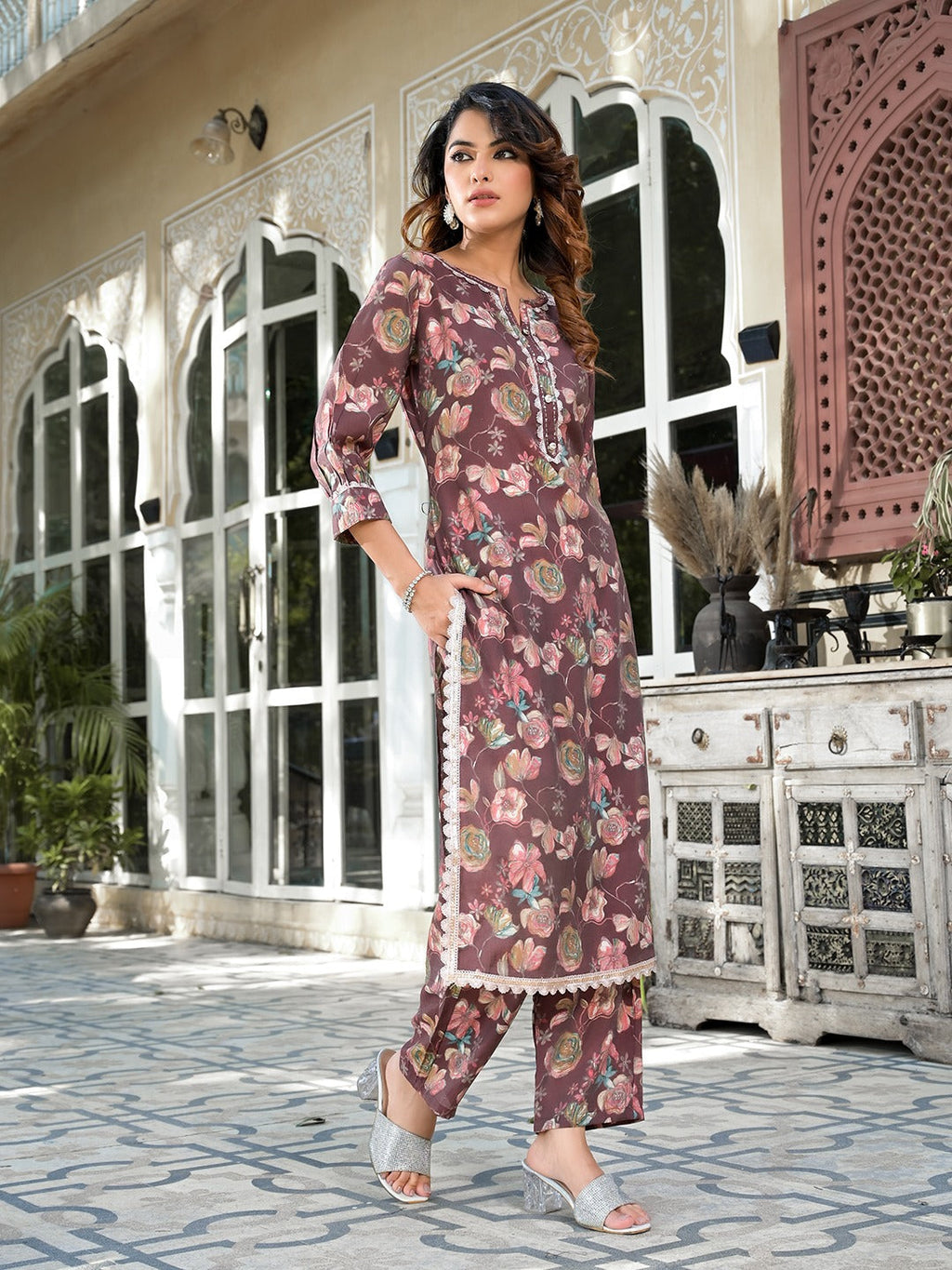 Yufta Brown Floral Print,Patch_Work Straight Kurta Trouser Set