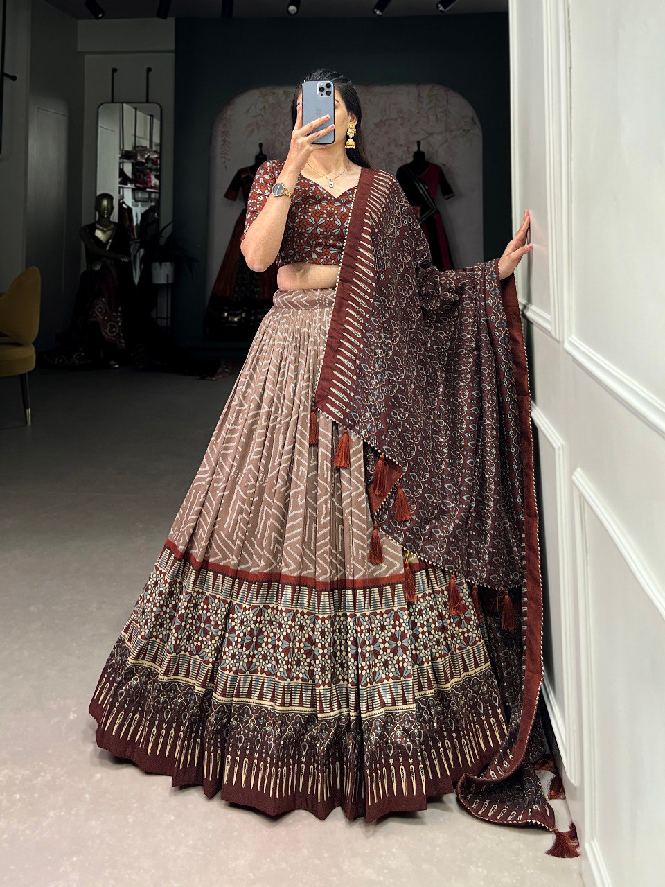 Lorenvalley Brown Tussar Silk Bandhej And Ajarakh Print Lehenga Choli with Dupatta