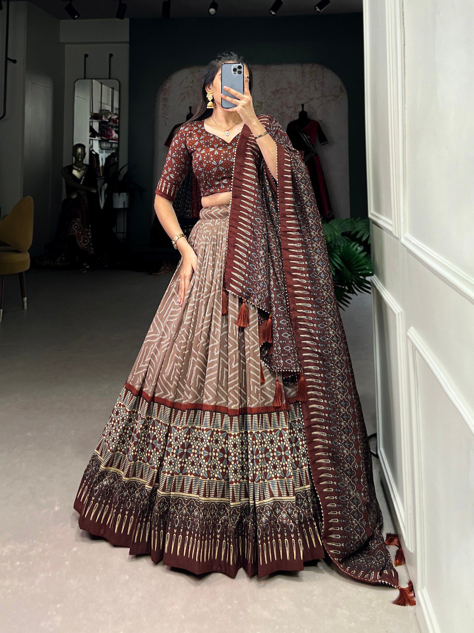 Lorenvalley Brown Tussar Silk Bandhej And Ajarakh Print Lehenga Choli with Dupatta