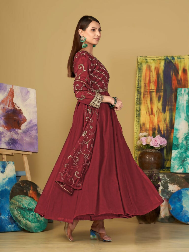 Jyoti Fashion Women's Maroon Georgette Embroidered Anarkali Kurta Pant Set With Dupatta