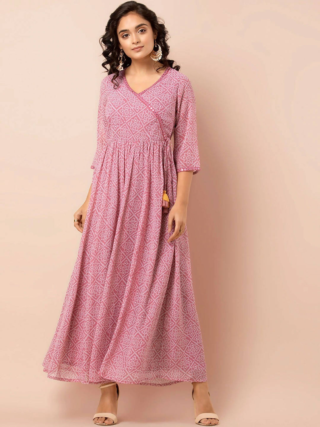 Indya Pink & White Printed Ethnic Maxi Dress