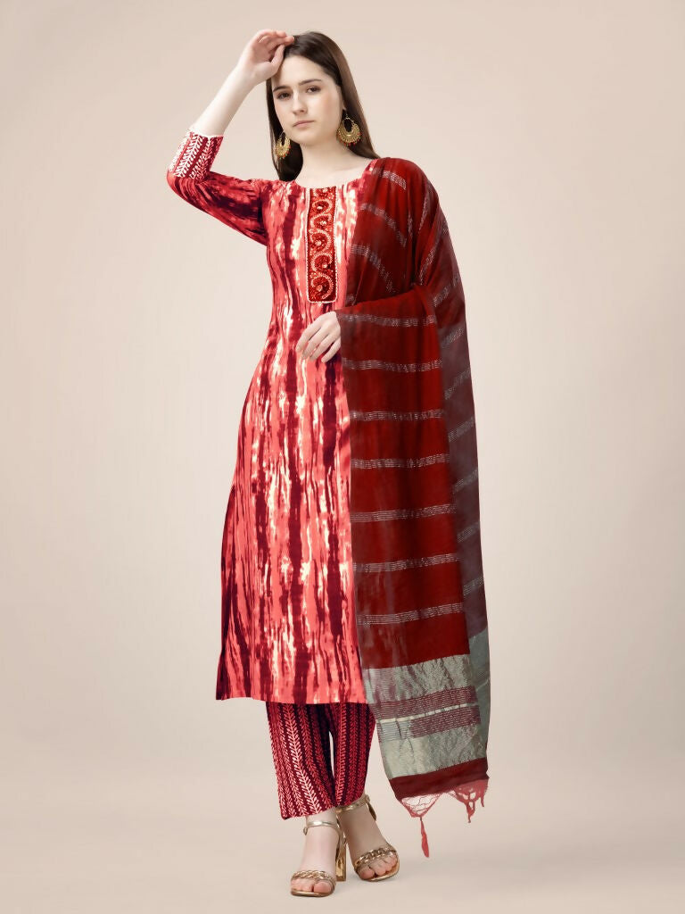 Jyoti Fashion Women's Orange Rayon Print with Embroidery & Fancy Lace Work Kurta with Trouser & Dupatta