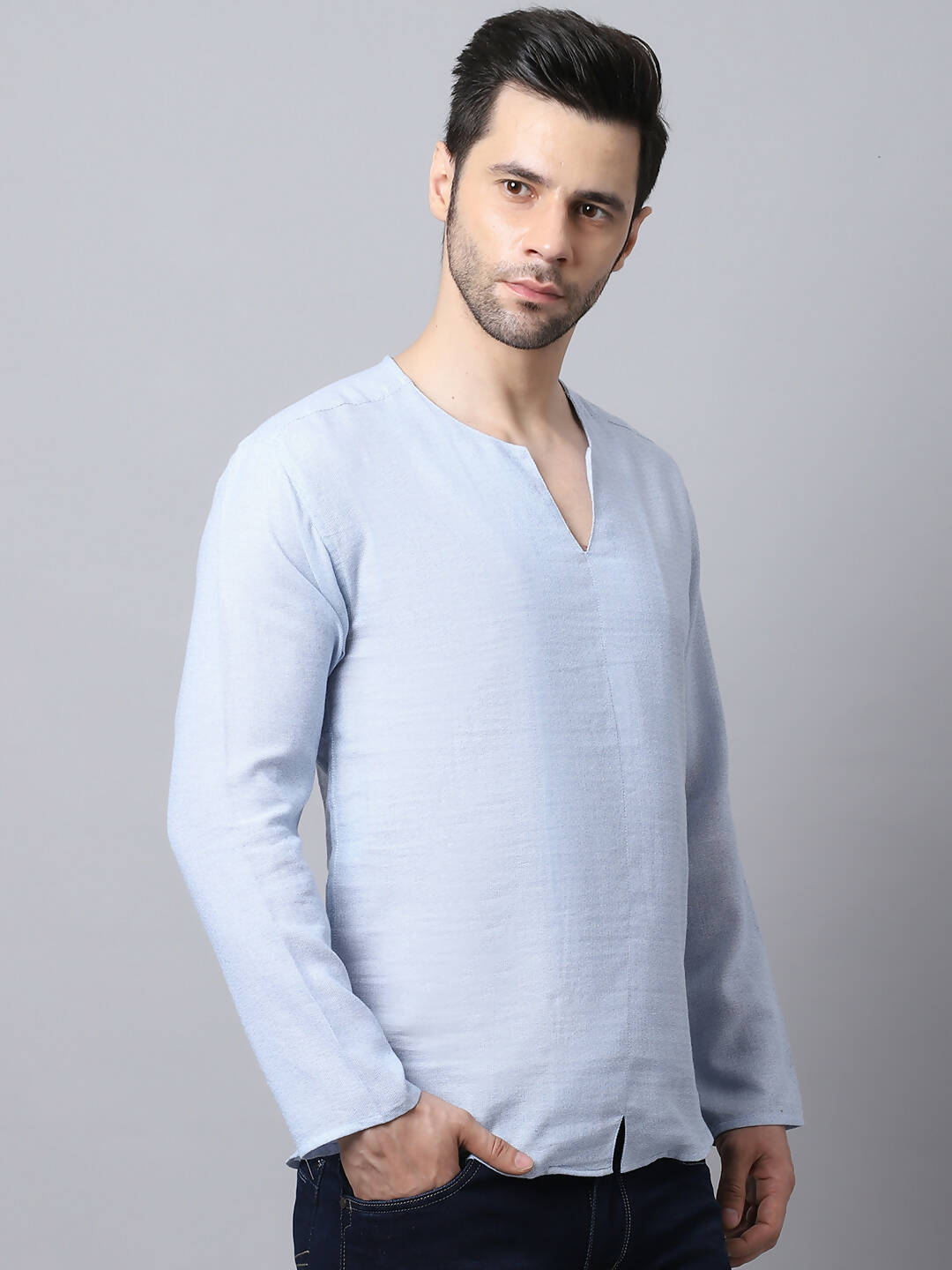 Even Apparels Men's Blue Pure Cotton Round Neck Slit Kurta