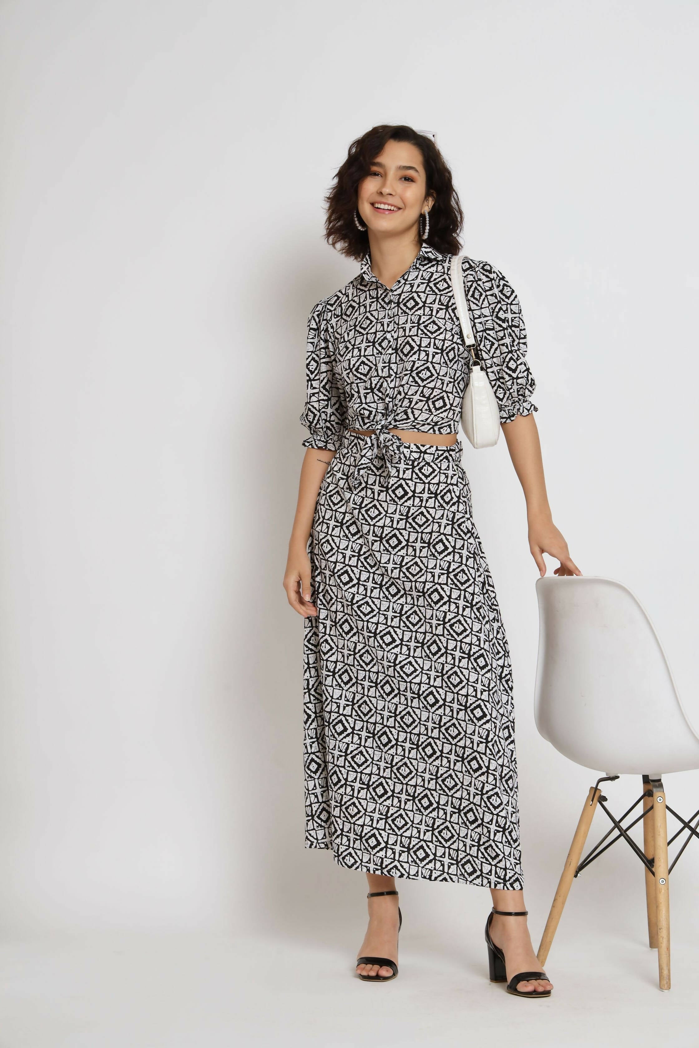 White Crepe Geometric Printed Top with Matching Skirt - Shivani