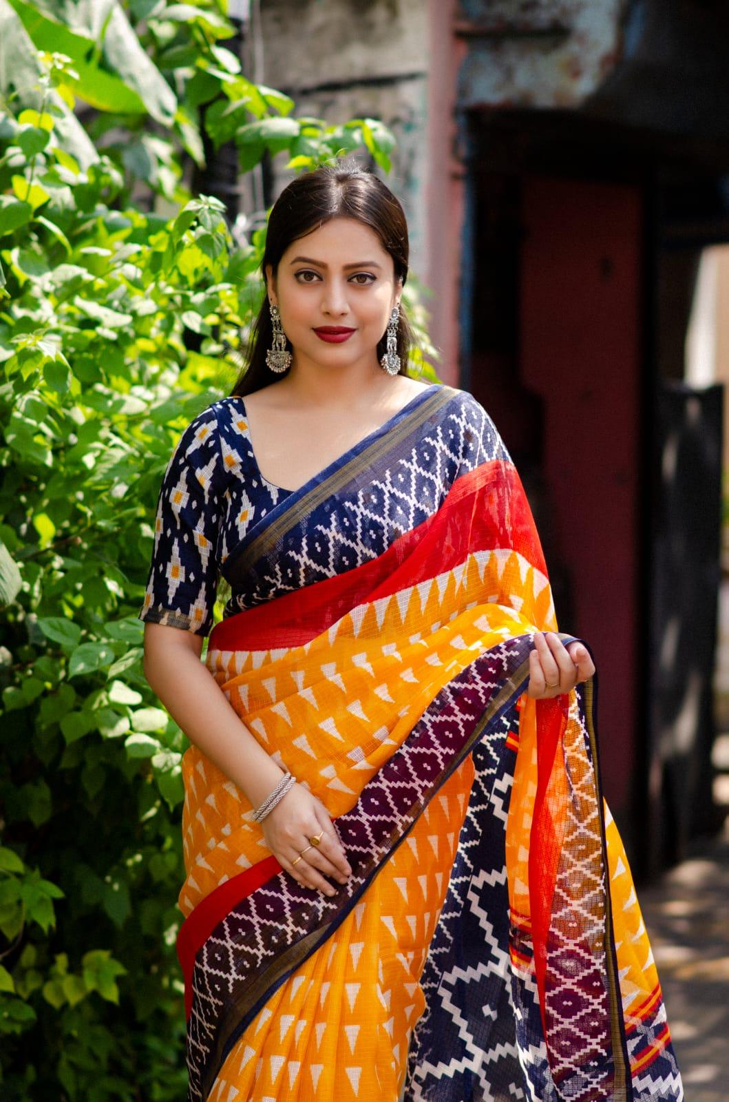 Yellow Polycotton Ethnic Motifs Saree with Unstitched Blouse - Hiral Fashion