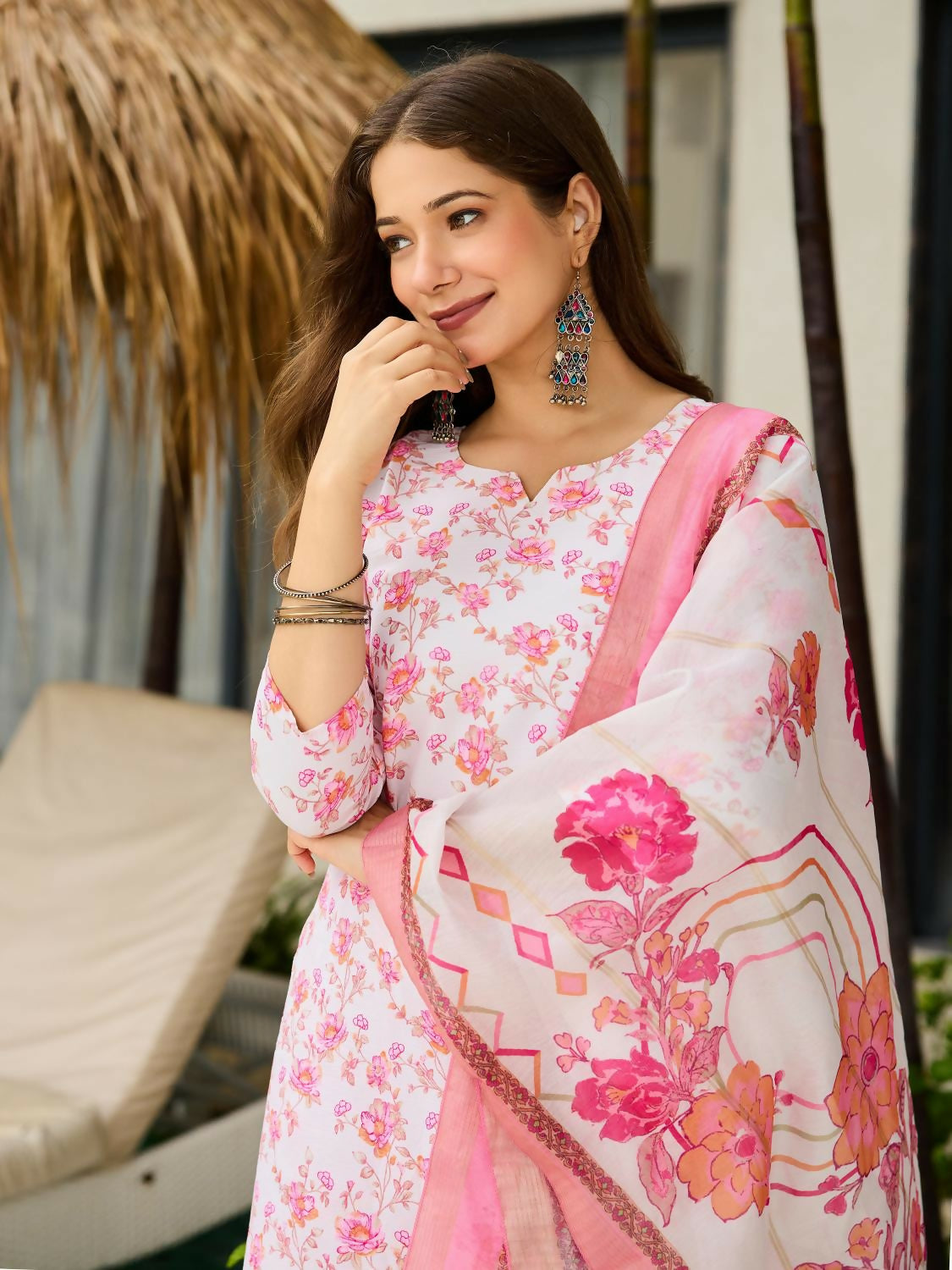 The52 Pink Women's Beautiful Printed Silk Blend Fabric with Straight Kurta, Pant and Dupatta Set