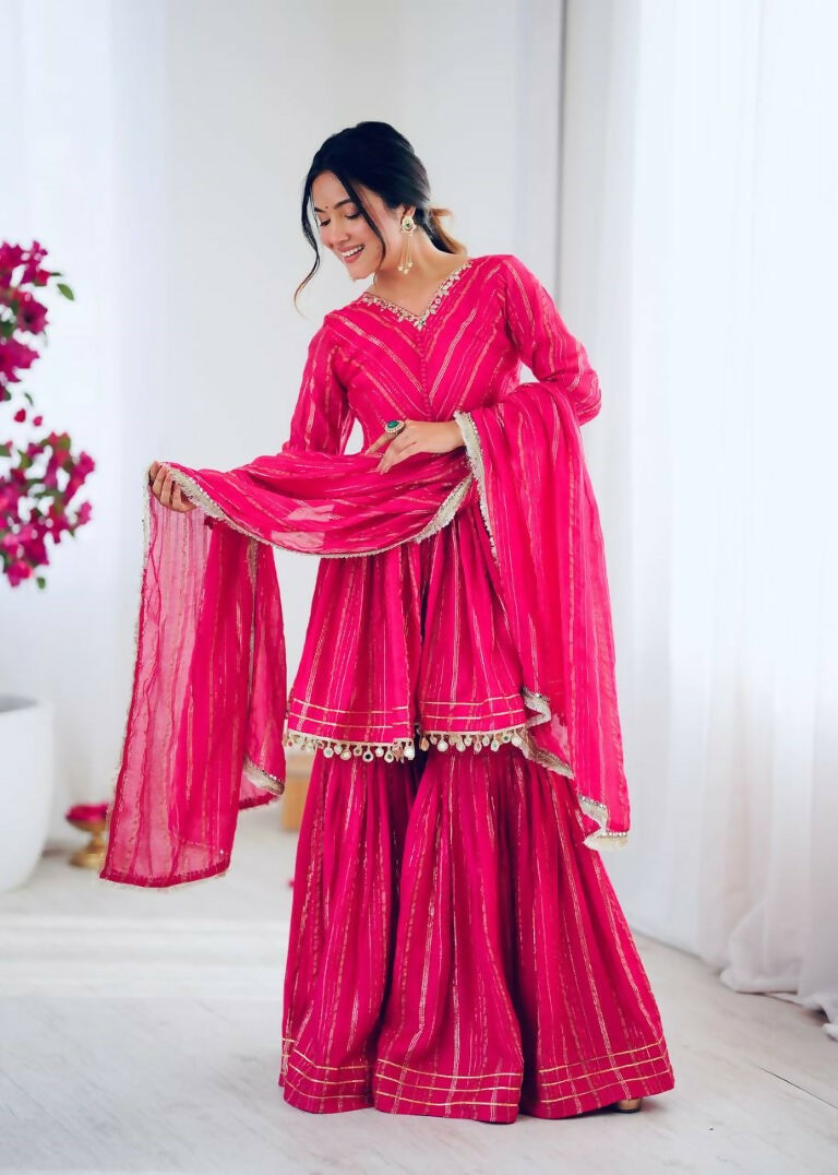 Teeya Creation Pink Color Mal Chanderi Silk Mirror Work And Hand Work Sharara set