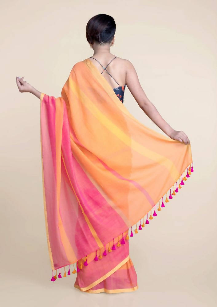 Suta Orange Pink Striped Mul Saree