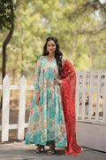 Vastranavya Digital Printed Russian silk & Stitch Canvas Patta Gown with Dupatta - Sky Blue