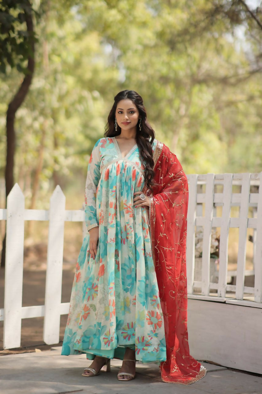 Vastranavya Digital Printed Russian silk & Stitch Canvas Patta Gown with Dupatta - Sky Blue