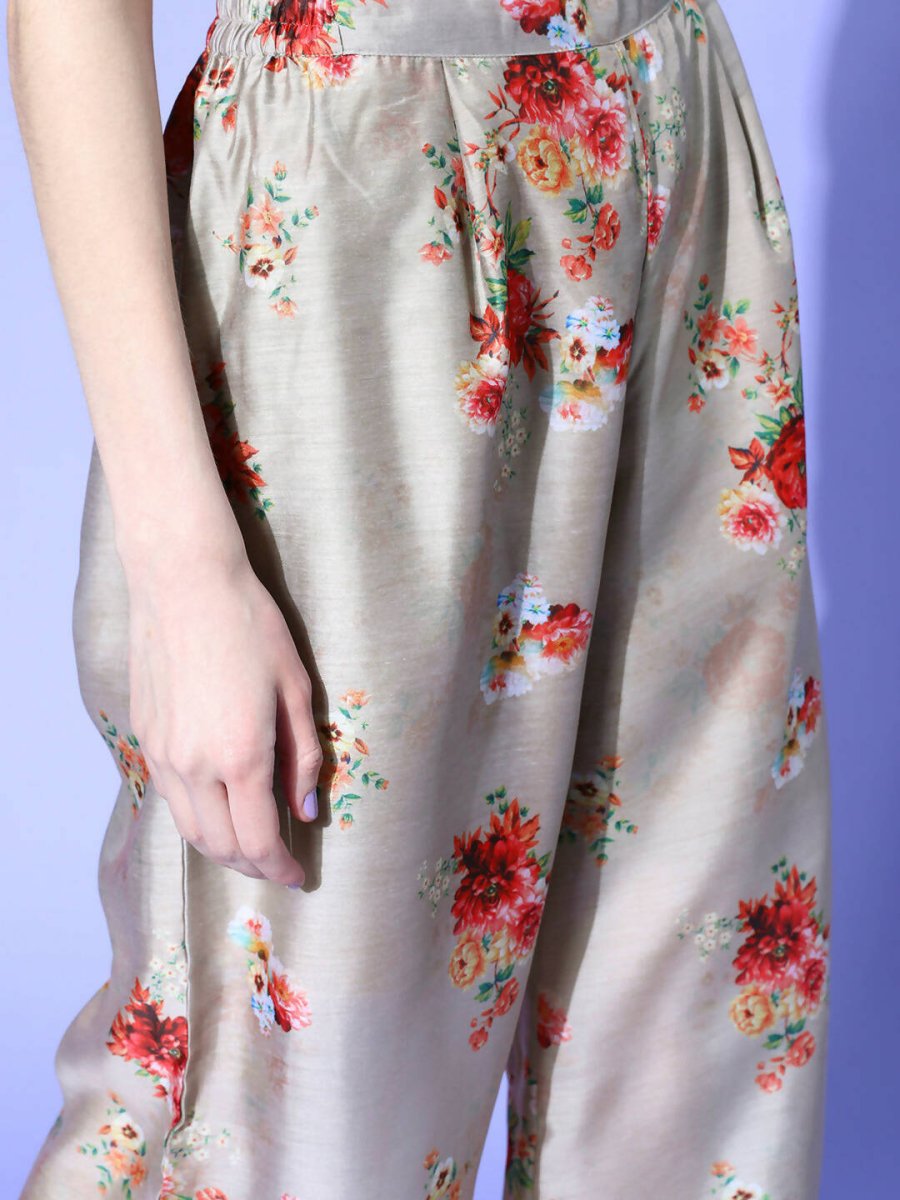 Ahalyaa Women Beige Colour Chanderi Digital Printed Kurta Palazzo Set