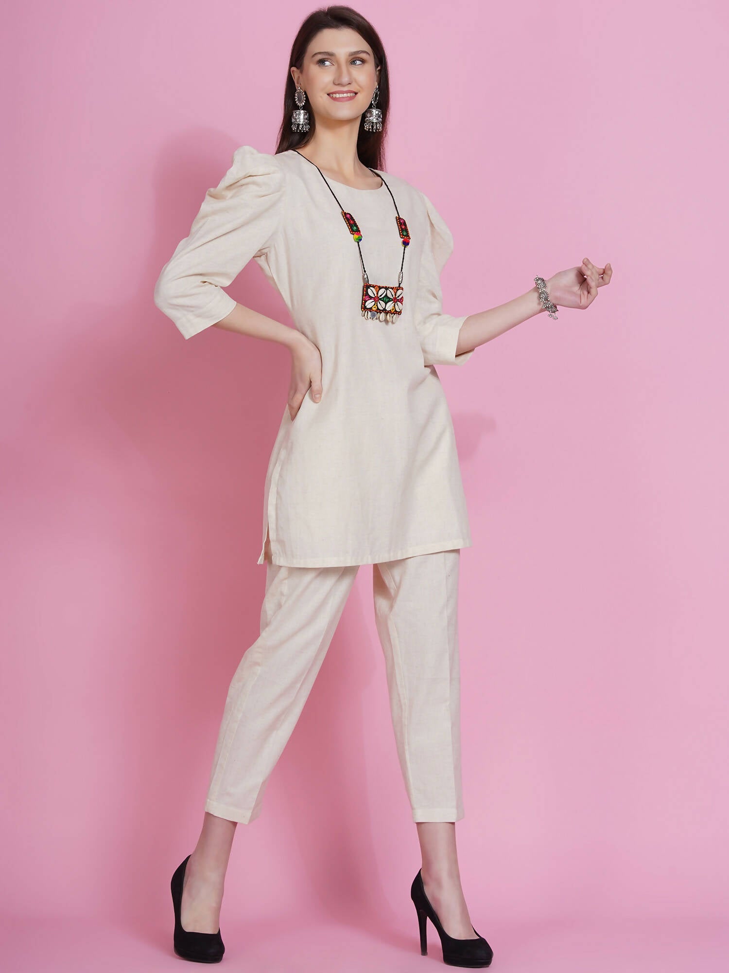 Women Republic Off White Cotton Flex Kurta With Attached Necklace And Pants