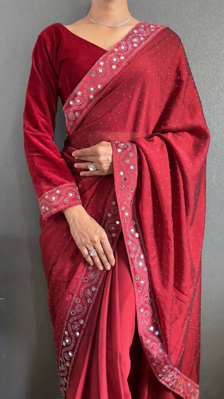 Vastranavya Red Rangoli Silk Real Mirror work with Swarovski work Ready to Wear Saree
