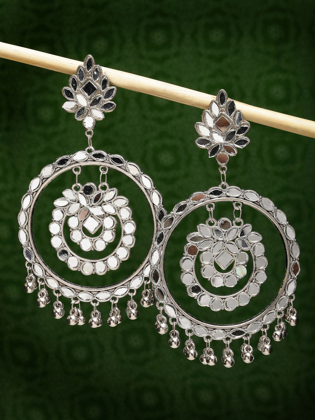 NVR Women's Silver-Toned Mirror Work Oxidised Contemporary Drop Earrings