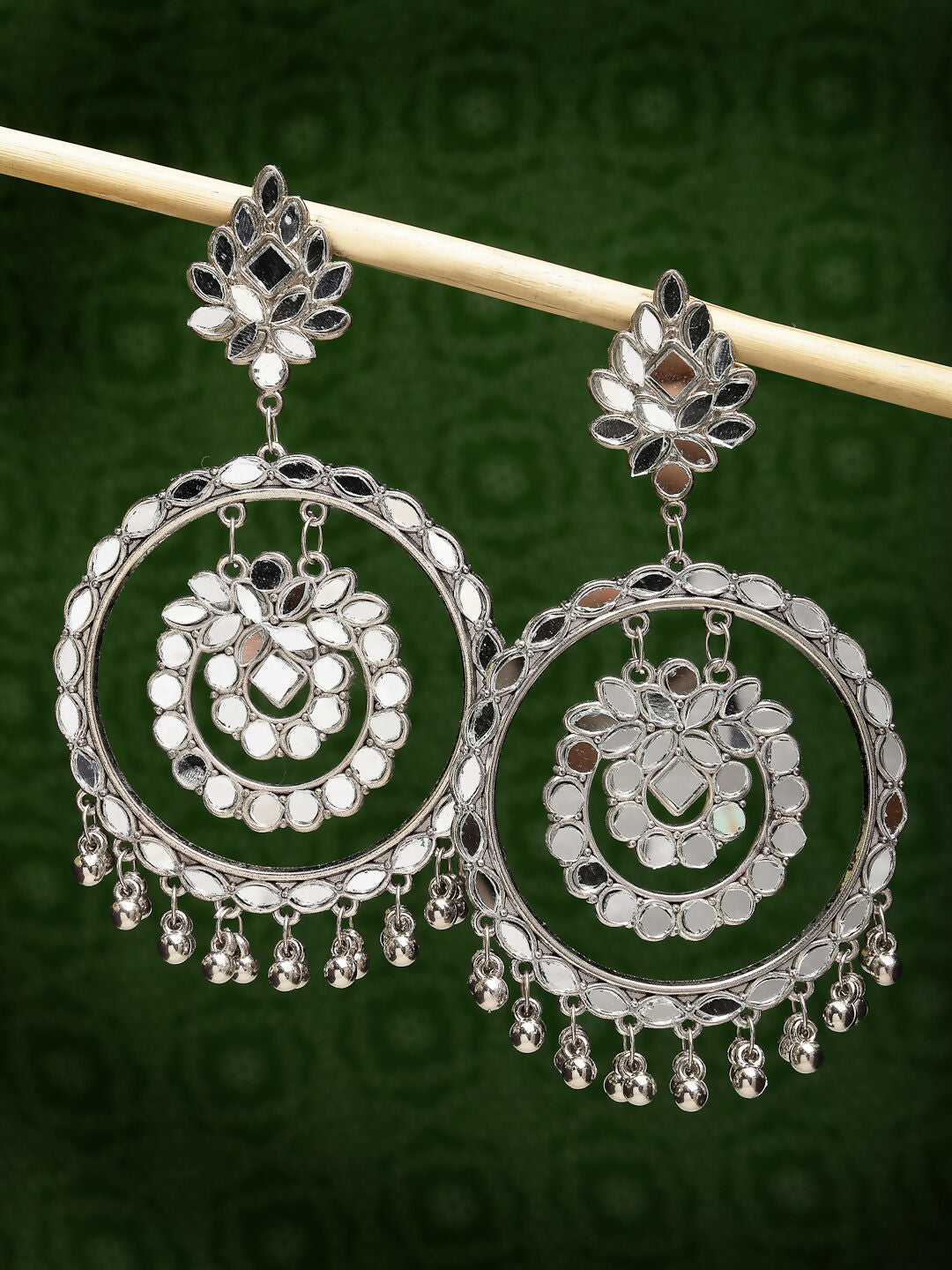 NVR Women's Silver-Toned Mirror Work Oxidised Contemporary Drop Earrings