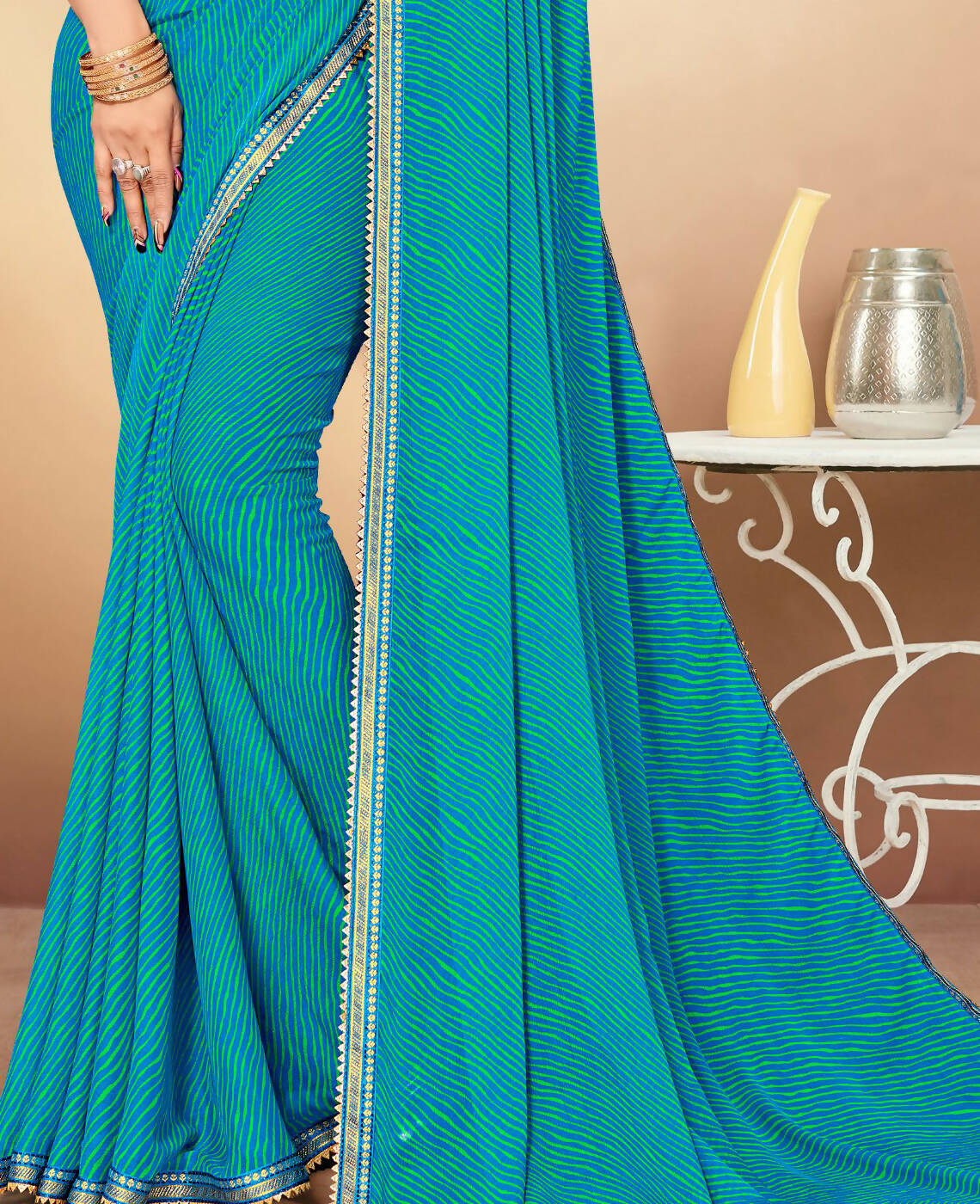 Sky Blue Chiffon Leheriya Printed Saree With Unstitched Blouse Piece - Swarna