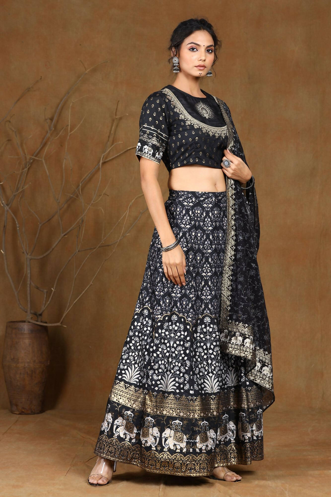 Juniper Women Black Shantoon Embroidered Flared Lehenga Choli Sets