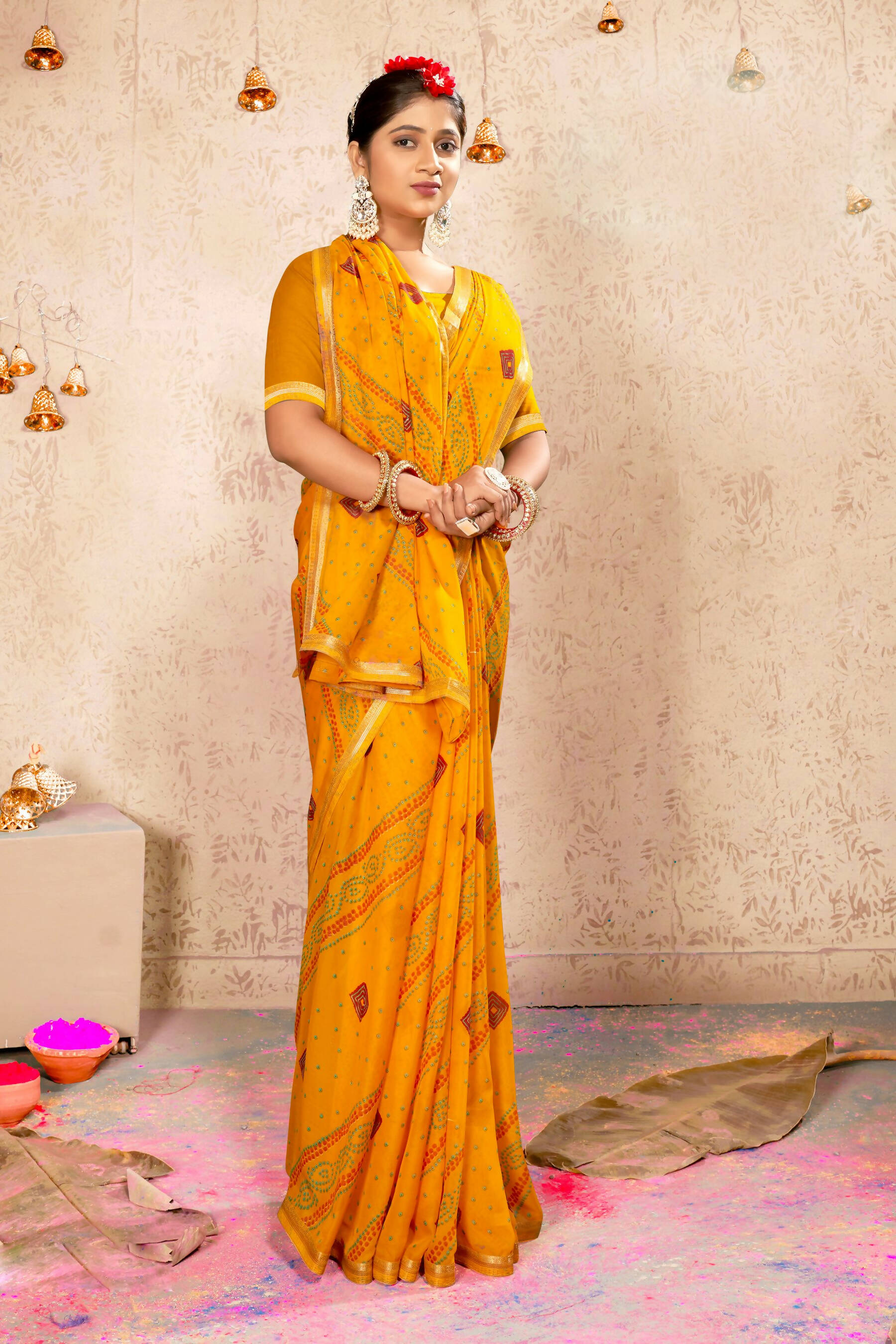 Mustard Georgette Bandhni Printed Saree With Unstitched Blouse Piece - Shanaya