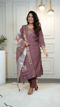 Lorenvalley Fashion Burgundy Roman Silk Hand Work Kurta Pant with Dupatta