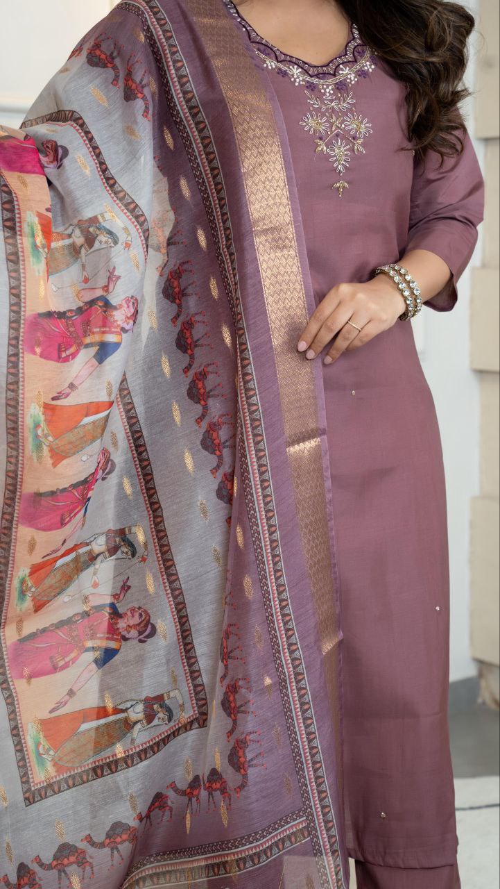 Lorenvalley Fashion Burgundy Roman Silk Hand Work Kurta Pant with Dupatta